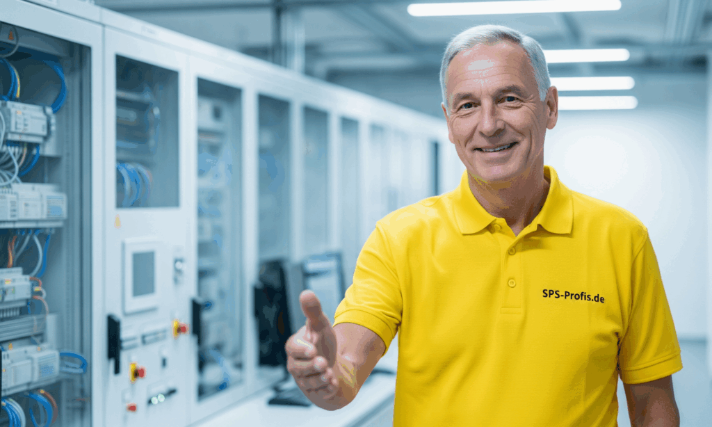 SPS-Programmierer-vor-Schaltschrank SPS Programmierer vor Schaltschrank streckt Hand aus